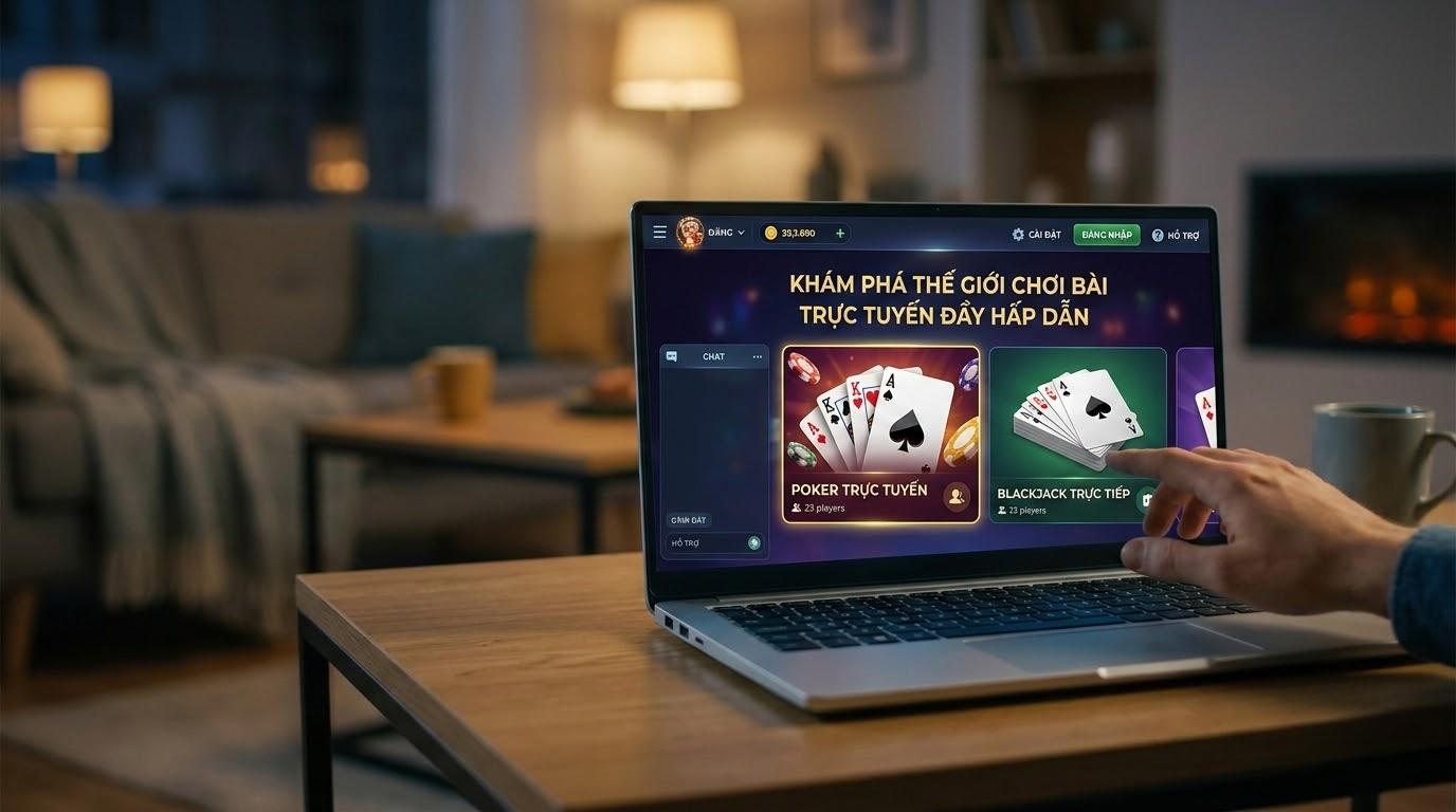 A realistic 16:9 photo capturing the theme of exploring the exciting world of online card games. The image should feature a high-end digital interface on a sleek tablet or laptop screen, displaying vibrant graphics of various playing cards like Ace of Spades and Kings. The background is a soft-focus, modern living room with warm ambient lighting, suggesting a comfortable and engaging online gaming experience.